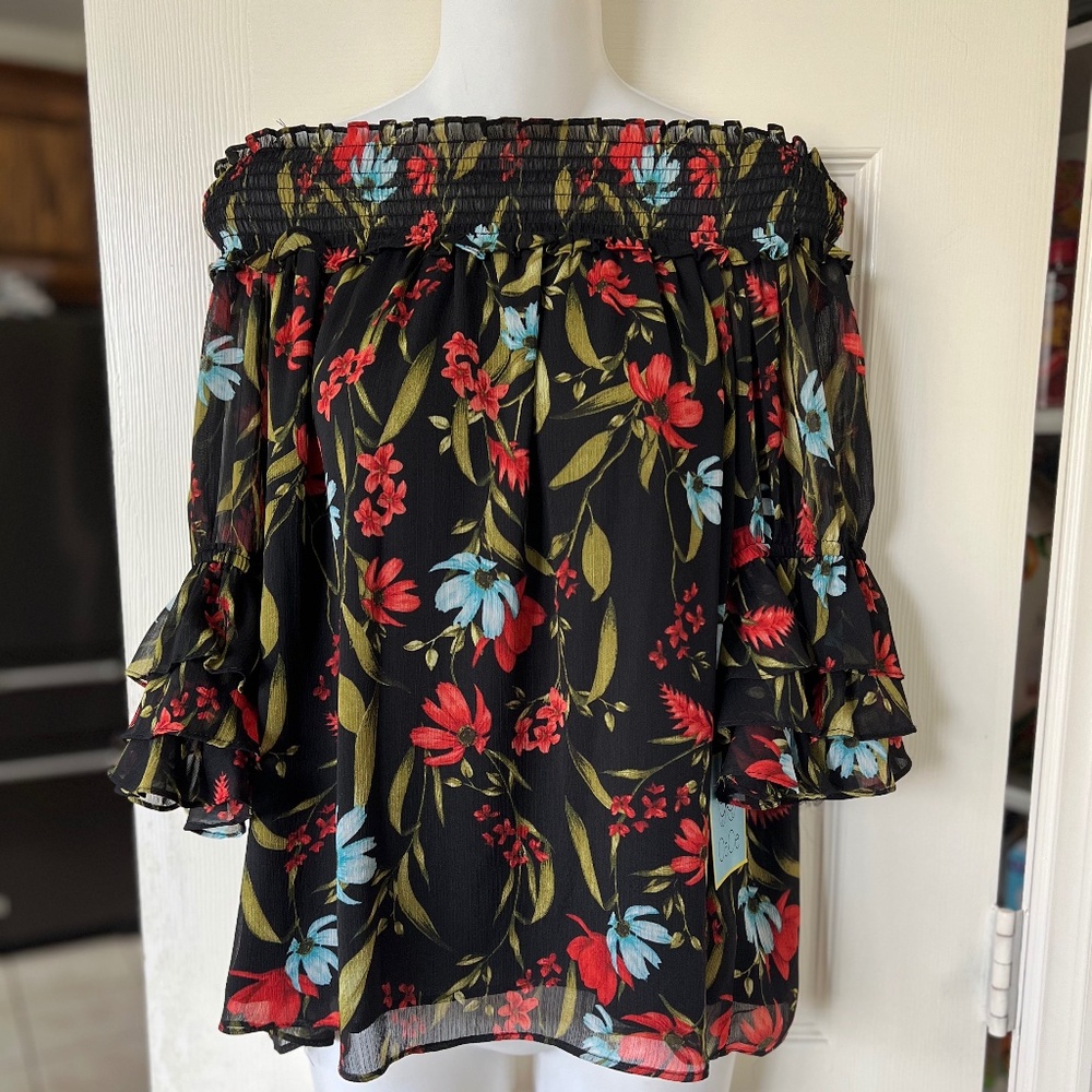 CeCe Floral Blouse Off the Shoulder